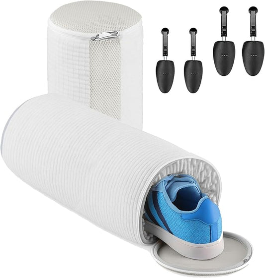 2Pcs Shoe Washing Machine Bag with Insoles | Reusable Sneaker Laundry Bags for Machine Wash | Fluffy Fiber 360° Cleaning with Durable Zipper Closure (White Grey & Trees)