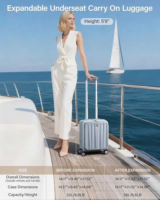 Hanke 16 Inch Expandable Under Seat Luggage with Wheels Top Opening Small Suitcase with Wheels Carry On Luggage Airline Approved Lightweight Hard Shell Suitcases for Weekender Overnight-Grey