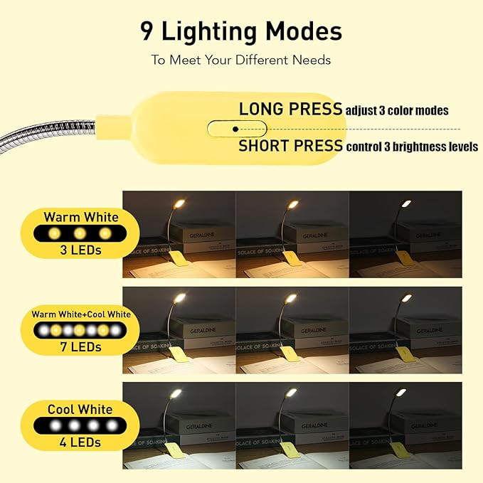 VAVOFO Rechargeable Book Light for Reading in Bed Kids, 7 LED Reading Light with 9-Level Warm Cool White Daylight, Eye Care Lamp with Power Indicator for Bookworms (Yellow)