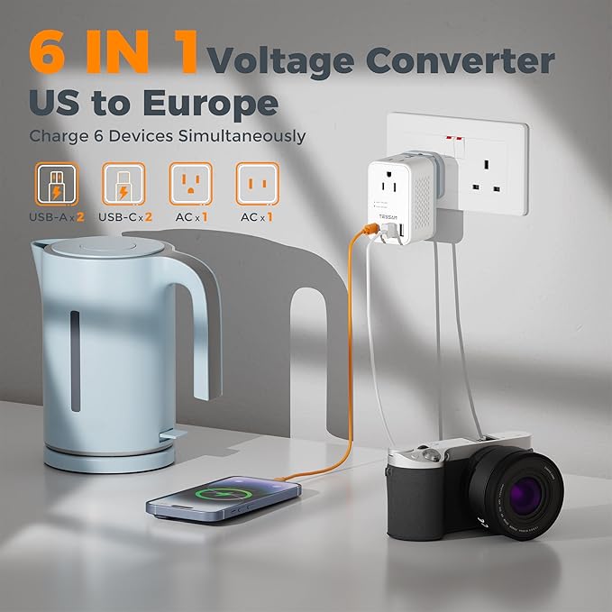 TESSAN 220 to 110 Voltage Converter US to Europe, International Travel Power Adapter with 4 USB Ports(2 USB C), 2 AC and EU/UK/AU Plug Universal Power Converter Adapter Combo, Step Down Transformer