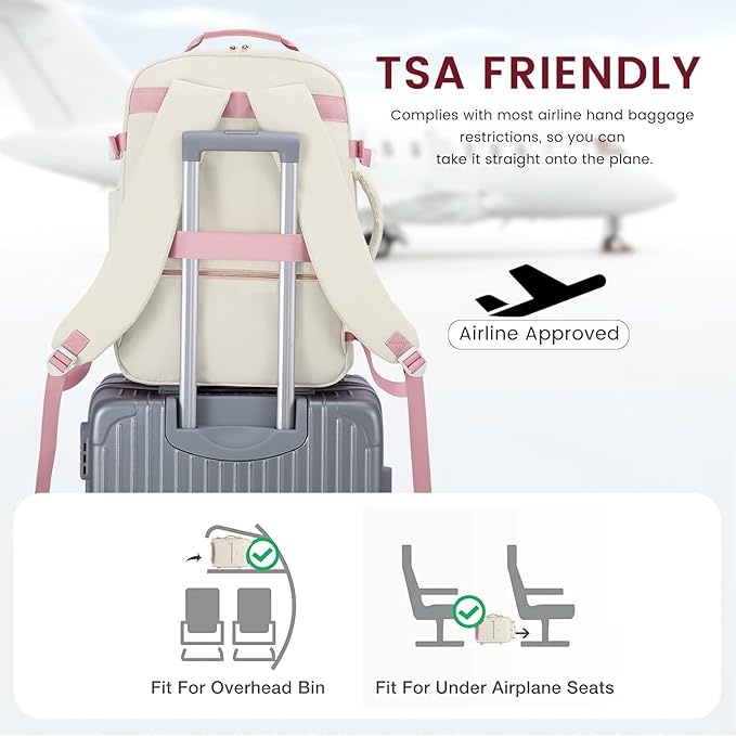 LOVEVOOK 40L Large Travel Backpack for Women Men, 17 Inch Carry on Backpack for Traveling on Airplane, Personal Item Travel Bag Airline Approved, Business Causal Weekender Backpack, Beige-Pink