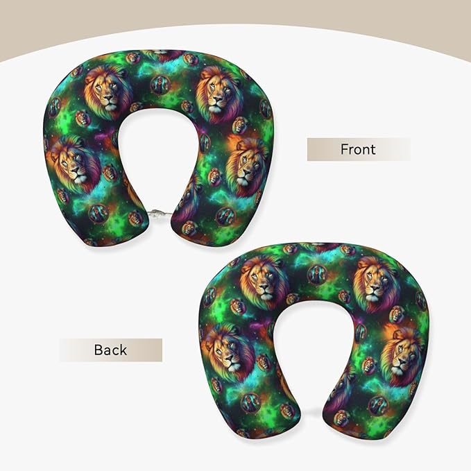 Neck Pillows for Travel Green Galaxy Lion, Women and Men Airplane Car Pillow, Neck Support U Shaped Pillow for Rest Pain Relief Sleeping