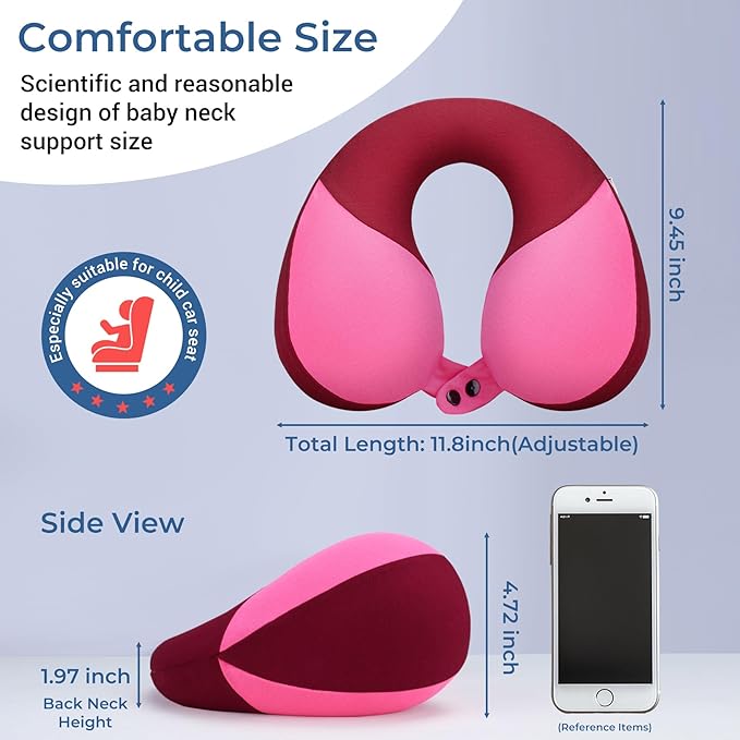 COOLBEBE Kids Travel Neck Pillow, Softly Headrest Travel Pillow for Car & Airplane, Traveling Gifts for Toddler & Children (1, Raspberry Powder)