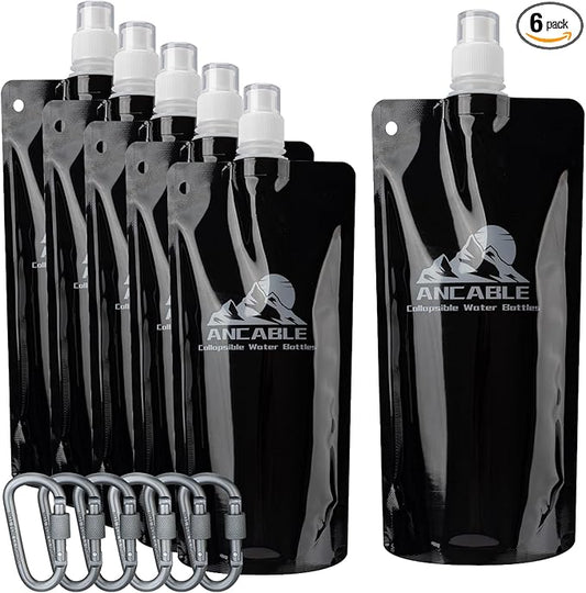 17oz Collapsible Water Bottles, 6-Pack Reusable Travel Foldable Water Bottles for Hiking Camping Running Bike, BPA-Free Water Bottle