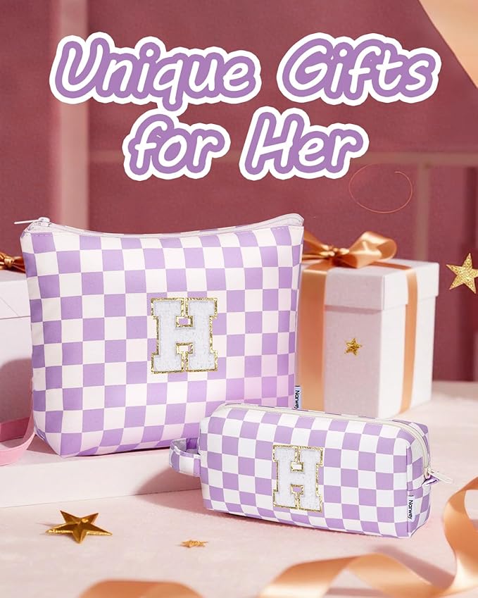 Narwey 2 Piece Personalized Initial Makeup Bag Checkered Cosmetic Bags, 6 8 10 11 12 13 14 16 18 Years Old Teen Girl Gifts Trendy Stuff Birthday Gifts for Women, Travel Toiletry Bag (Purple Letter H)