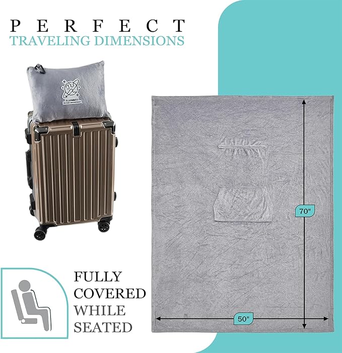 Commollis 2-in-1 Travel Blanket & Pillow for Airplane, Car, Train - Warm Compact Flight Blanket with Luggage Strap & Backpack Clip, Machine Washable, All-Season Use