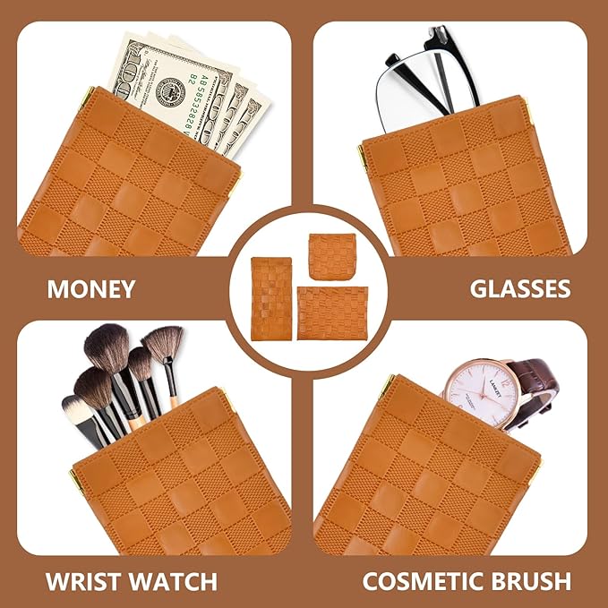 3PCS Small Makeup Bag for Women, Mini Cosmetic Bags Leather Pocket Pouch Purse,Snap Closure Waterproof Portable Bag,Checkered Storage Travel Bag for Lipstick Change Glasses Coin Cards (Brown)