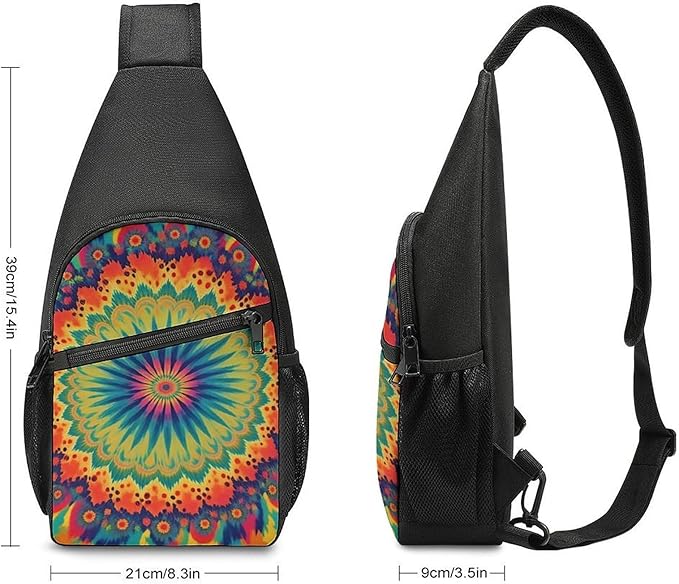 SWEET TANG Men and Women Sling Bag Chest Daypack, Trippy Tie Dye Mandala Colorful Shoulder Backpack Crossbody for Hiking Camping Running, Casual and Large Capacity Anti Theft Rucksack