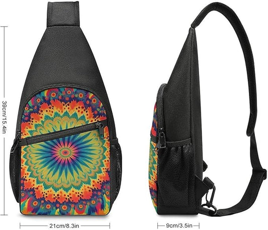SWEET TANG Men and Women Sling Bag Chest Daypack, Trippy Tie Dye Mandala Colorful Shoulder Backpack Crossbody for Hiking Camping Running, Casual and Large Capacity Anti Theft Rucksack