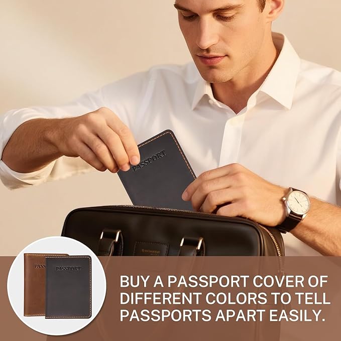 Genuine Leather Passport Holder for Travel,RFID Blocking Passport Cover, Men Passport Wallet, Folding Passport Clip with One Pocket, Two Card Slots, And One Passport Pocket(Coffee Brown)
