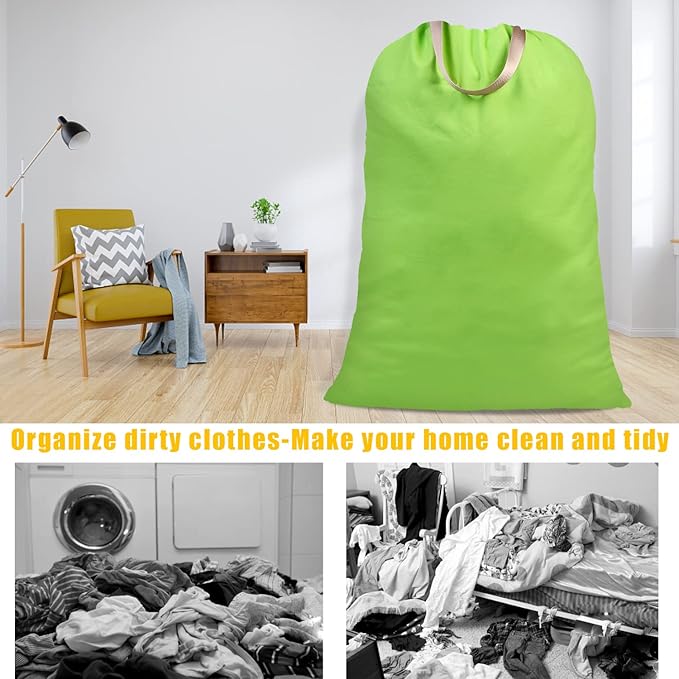 Cotton Canvas Laundry Bag with Handles & Drawstring Straps, Heavy Duty Extra Large Laundry Bags for Laundromat and Household, 25.5x34 Inch, Green