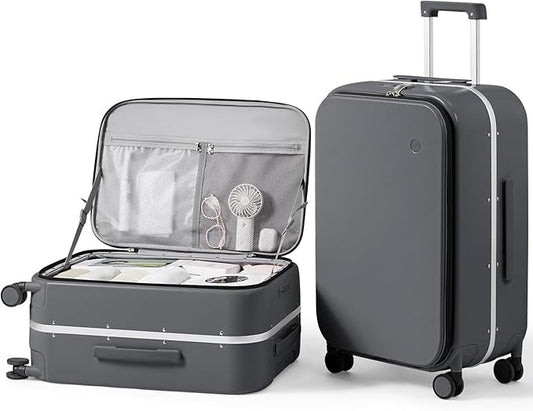 mixi 24 Inch Checked Luggage PC Hard Shell Suitcase Top Opening Aluminum Frame Travel Suitcases with Wheels, Rock Gray