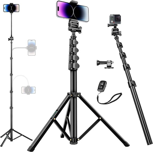 80" Phone Tripod, Selfie Stick Cellphone Tripod, Aluminum Tripods Stand for Video Photo Vlog, Travel Tripods with Gooseneck Remote Phone Holder, Compatible with iPhone Android Smartphone