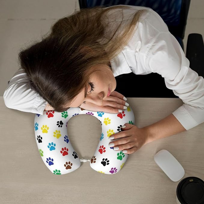 Comfortable Travel Pillow for Pain Relief Sleeping, Memory Foam Airplane Car Neck Pain Pillows Colorful Paw Prints, Funny Chin Head Support Cushion