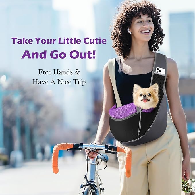 Pawaboo Dog Sling Carrier, Hand Free Breathable Mesh Bag for Puppy Cat, Drawstring Dog Papoose with Adjustable Strap and Pocket, Crossbody Satchel Dogs Purse for Outdoor Travel, S, Deep Purple