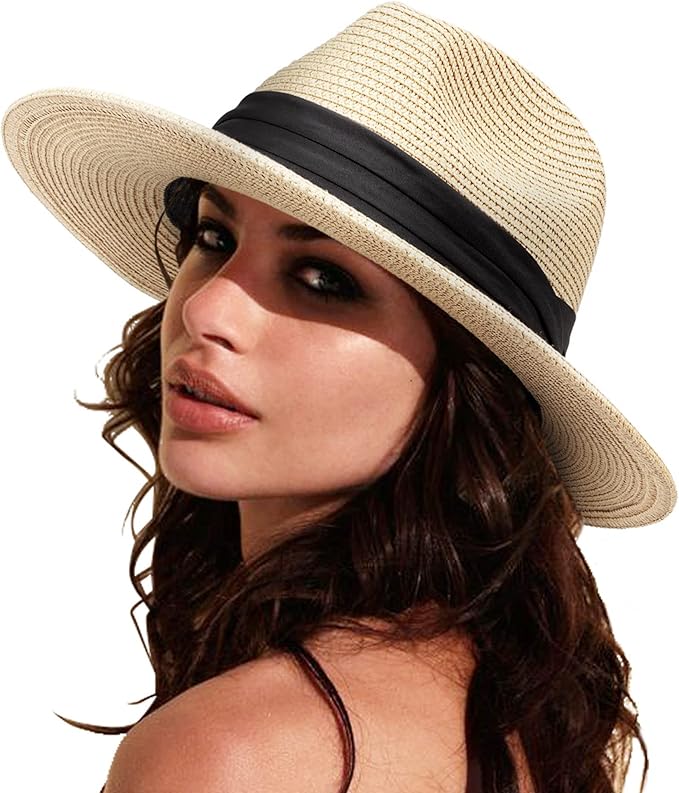 DRESHOW Women Straw Panama Hat Travel Fedora Beach Sun Hat Summer Wide Brim Straw Roll up Hat UPF 50+