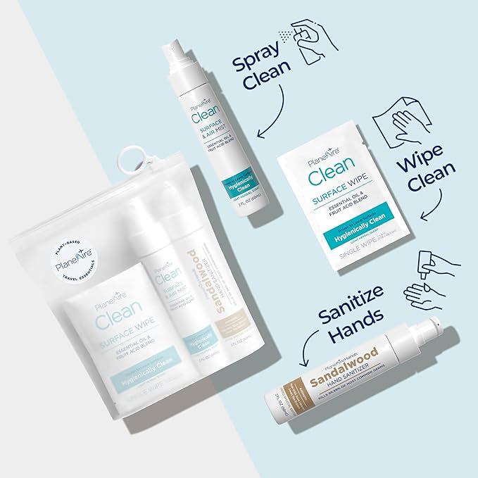Travel Essentials | Hygiene Kit | Travel Toiletry Kit | Travel Size | Lotion Hand Sanitizer Sandalwood Scent | Surface Wipes | Individual Travel Wipes | Surface Cleaner | Made with Essential Oils