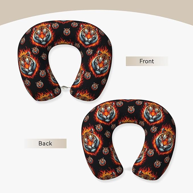 Travel Neck Pillows for Sleeping Rest Car Airplanes Wild and Angry Tiger Fire Flame King Roar Art, Memory Foam with Removable Breathable Zipper Cover Washable for Men Women