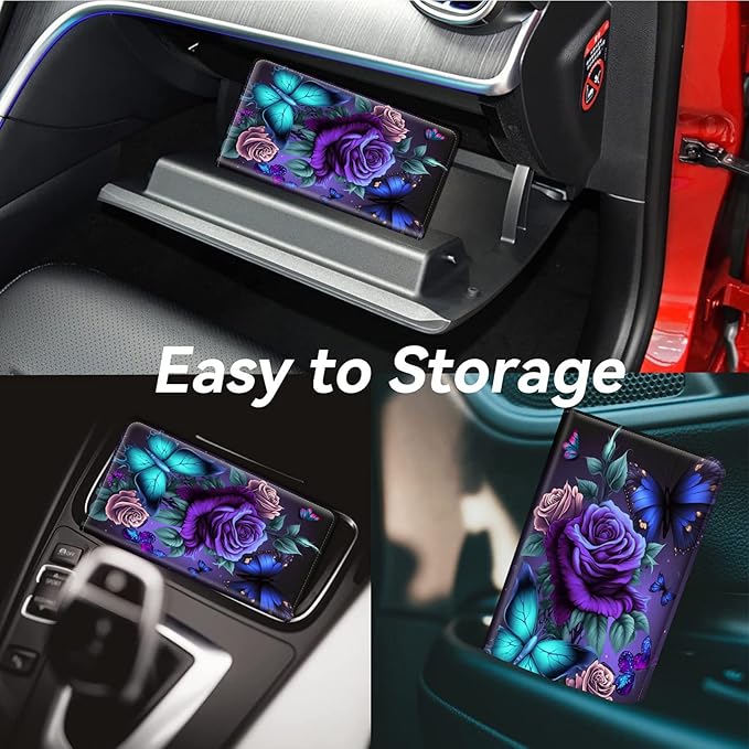 Car Registration and Insurance Holder, Leather Car Glove Box Organizer, Cool Car Accessories for ID, Driver's License Cards & Essential Document, business cards, Men&Women,Blue Pink Roses Butterfly