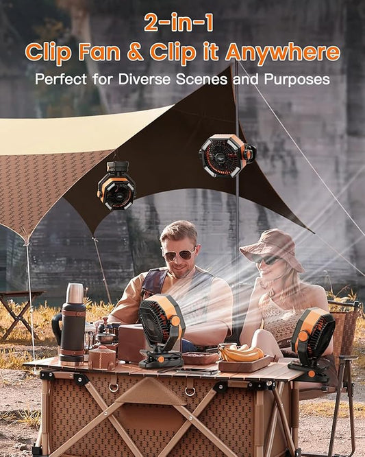 coldSky Camping Fan with Dual Motor, 20000mAh Clip On with Digital Display, 9-Inch Portable Battery Operated with LED Lantern, Tent Fan for Camping with Remote, 5 Speeds, 4 Timing, Outdoor