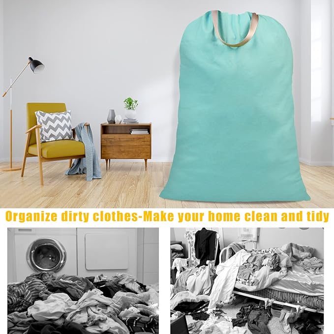 Cotton Canvas Laundry Bag with Handles & Drawstring Straps, Heavy Duty Extra Large Laundry Bags for Laundromat and Household, 25.5x34 Inch, Teal Blue