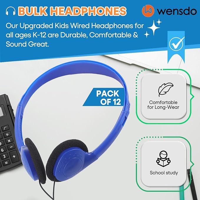 Kids Headphones Bulk 12 Pack for School Classroom Student Children Toddler Boys Girls Teen and Adults, Wholesale Wired Computer Earphones Class Set for Library Museums Airplane (HY857,12 Blue)
