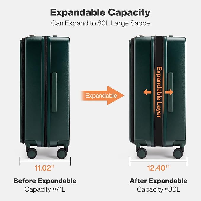 mixi 24 Inch Large Expandable Checked Luggage PC Hard Shell Suitcase Top Opening Rolling Travel Suitcases with Spinner Wheels & TSA Lock, Blackish Green