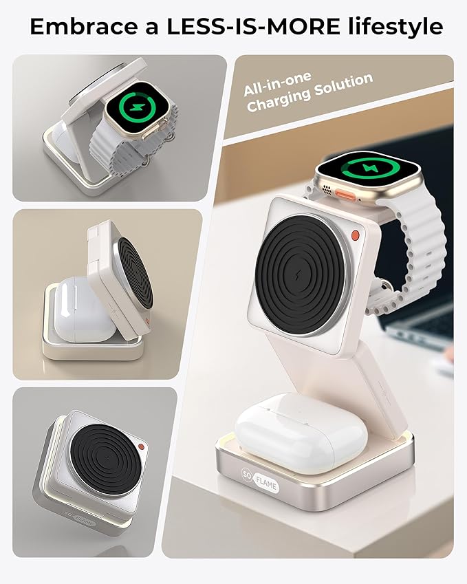 3 in 1 Magnetic Wireless Charging Station for Mag-safe Charger, Foldable Travel Charger with Night Light, 15W Fast Charging Stand with 25W Adapter, for iPhone17-12, Apple Watch, AirPods -Beige