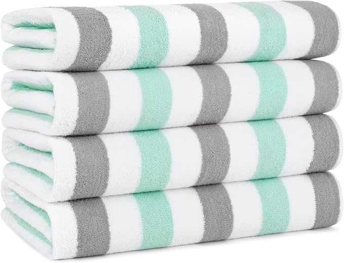 Arkwright Cabo Cabana Stripe Beach Towel - Pack of 4 - Large Soft Quick Dry Cotton Terry Towels for Pool, Swim, and Hot Tub, Oversized 30 x 70 in, Grey/Mint
