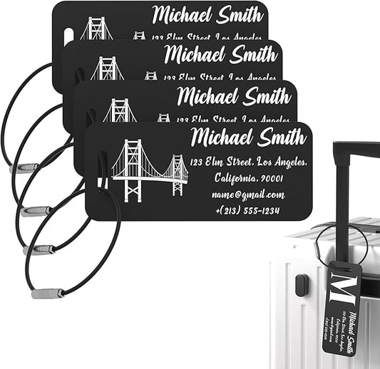 4 PCS Personalized Luggage Tags for Suitcase, Custom Engraved Aluminum Luggage Tags with Your Personalized Text Logo, Metal Name Tags with Steel Loop for Bag, Suitcase, Backpack (Black, Small)