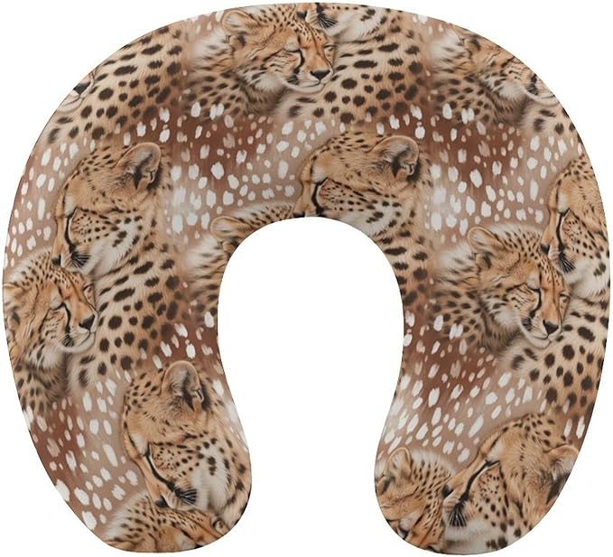 Pain Relief Travel Neck Pillow Cute Cheetah Leopard, Memory Foam U Shaped Support, Breathable Zip Cover for Airplane Car Office Men Women