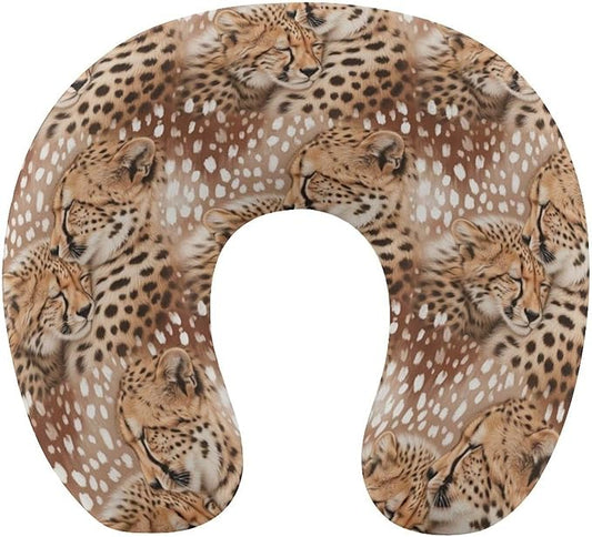 Pain Relief Travel Neck Pillow Cute Cheetah Leopard, Memory Foam U Shaped Support, Breathable Zip Cover for Airplane Car Office Men Women