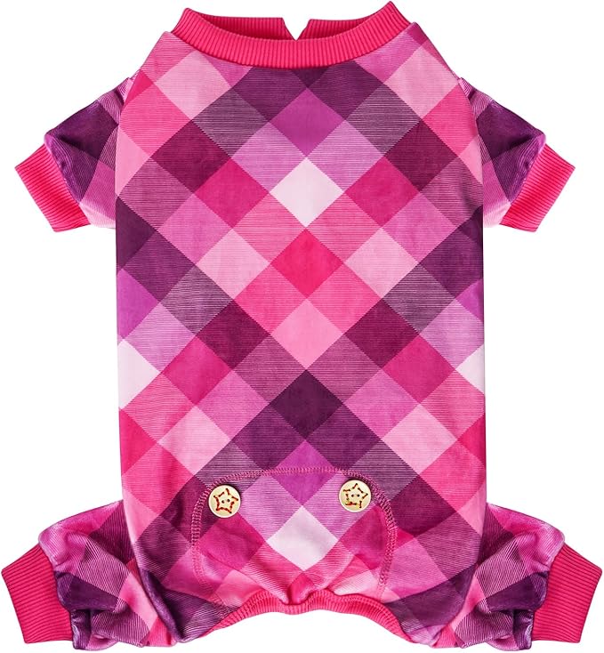 KYEESE Dog Pajamas Comfy Pet Clothes Soft Coat Lightweight Pjs Velvet Doggie Jammies Stretchy Onesie Plaid Dog Pajamas for Small Dogs Boy Girl,Pink, Medium