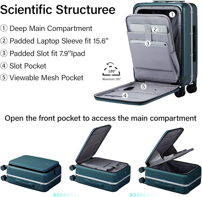 MILADA Carry On Luggage 22x14x9 Airline Approved Spinner Wheels TSA Luggage 20 Inch Hard Shell Suitcases Front Opening Pocket Rolling Aluminum Frame Travel Luggage, Blackish Green