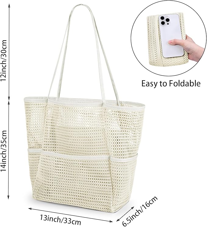 Iioscre Mesh Beach Tote Bags for Womens, Causal Hobo Pool Bags for Swimming Pools Vacations Beach Essentials