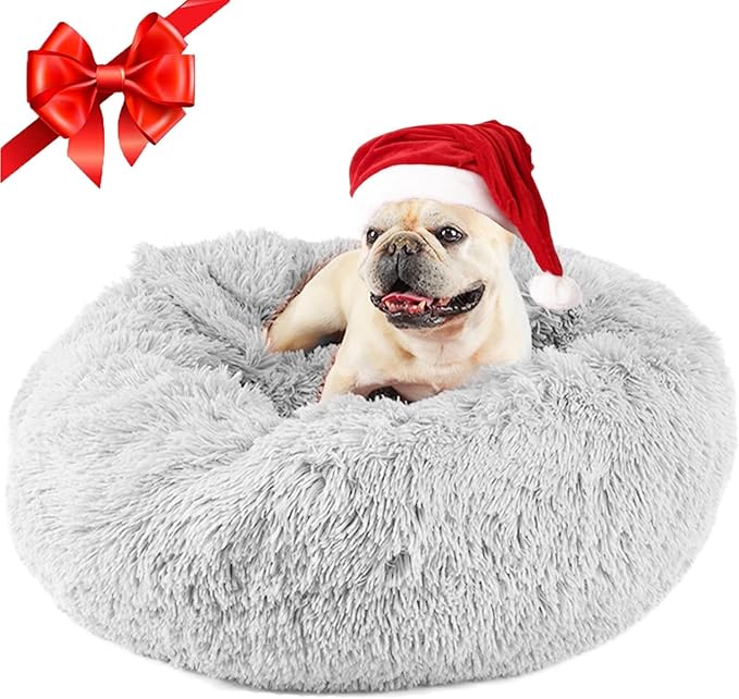 Himax Dog Beds for Small Medium Dogs, Donut Dog Bed with Blanket Attached, Calming Dogs Bed Washable (20"/26"/35") Light Grey