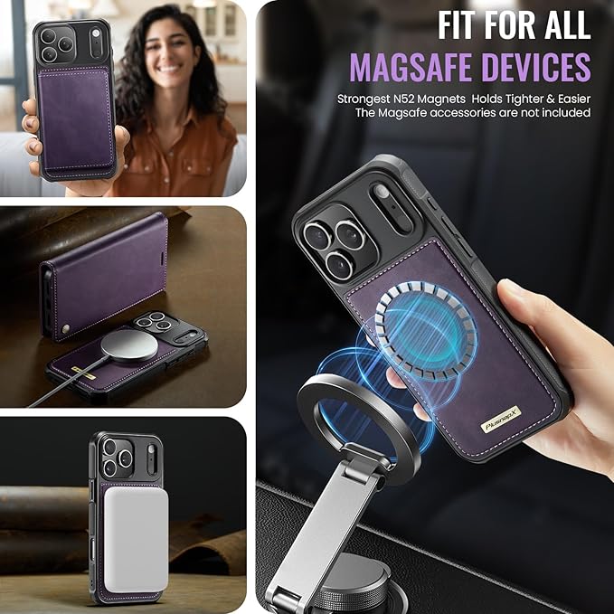 PlusnapX Wallet Case for iPhone 17 Pro Max Compatible with Magsafe, 2-IN-1 PU Leather Flip RFID Blocking Card Holder Stand Shockproof Magnetic Detachable Cover for iPhone 17 Pro Max 6.9", Retro Purple