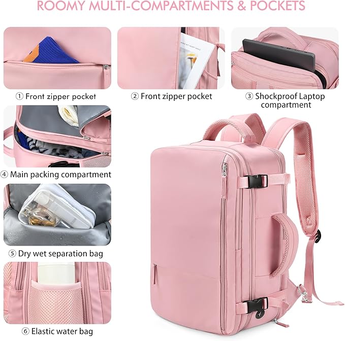 Beraliy Large Travel Backpack for Women, Personal Item Bag Airline Approved, Carry On Luggage, 17 inch Laptop Backpack, Waterproof Backpack, Hiking Backpack, Pink