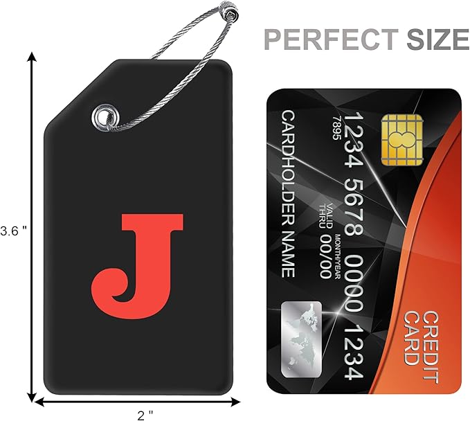 Gostwo 2 Pack Silicone Luggage Tags for Suitcases, 26 Initial Letter Baggage Labels Handbag School Bag Suitcase Instrument Tag with Stainless Steel Loop(Black)(Letter J)