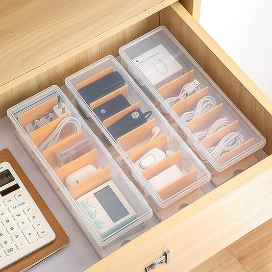 3 Pack Clear Cable Organizer Box with Lid, Plastic Charger Cable Cord Storage Organizer, Stackable Office Desk Organizers, Multifunctional Accessories Storage Box Fit in Home Drawer