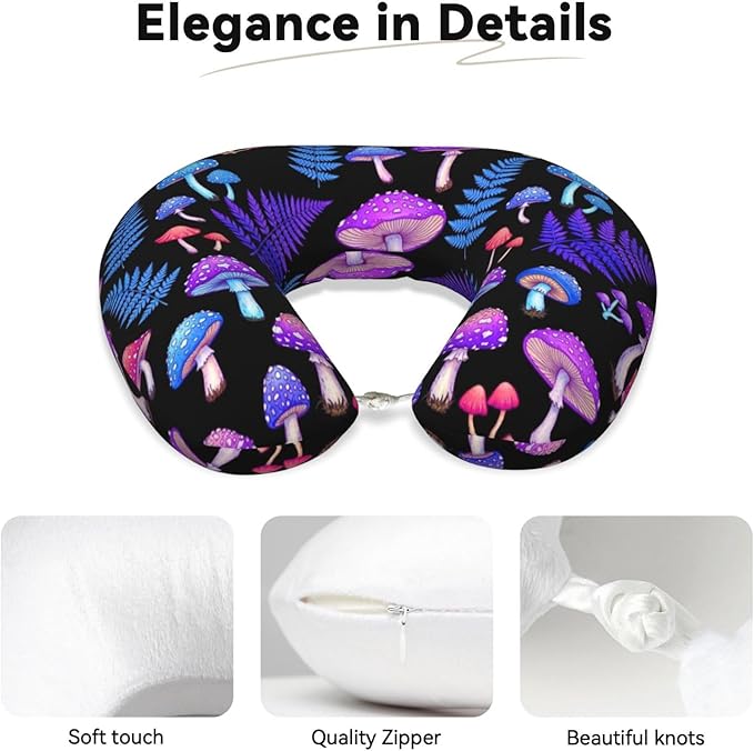 Travel Pillow for Men Women, Washable Relax U Shaped Neck Pillows for Car Head Pain Relief Sleeping Trippy Purple Blue Mushrooms