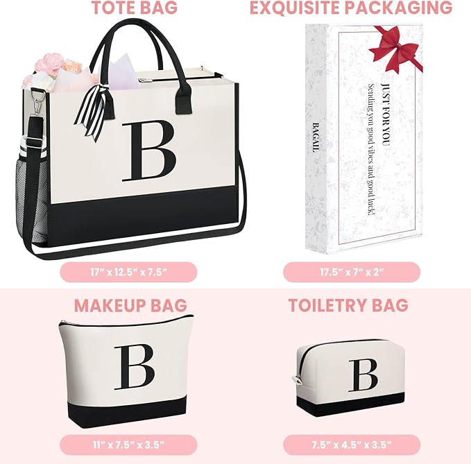 BAGAIL Initial Tote Bag, Personalized Birthday Gifts for Women, Teacher, Friends, Mom, Wedding, Monogrammed Beach Bag