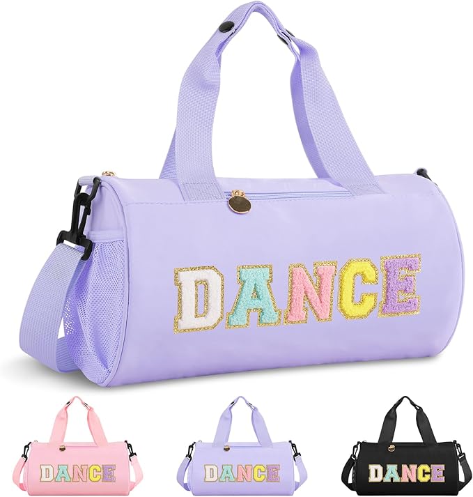 Dance Ballet Duffel Bag for Girls, Personalized Sport Gym Workout Toddler Duffel Bag Cheer Dance Bags, Cute Chenille Letter Waterproof Duffle Bags Gifts for Teens Girl Dancers Athletes(Purple)