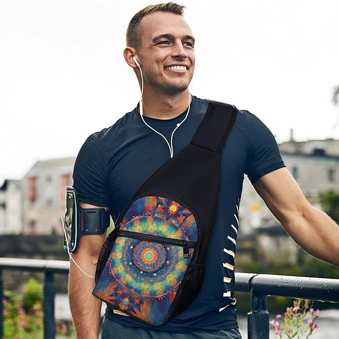 SWEET TANG Sling Bag for Men Women, Comfortable Crossbody Backpack, Trippy Tie Dye Mandala Colorful, Anti Theft Sling Shoulder Chest Bag Daypack, Fashion Travel Gym Sack Rucksack