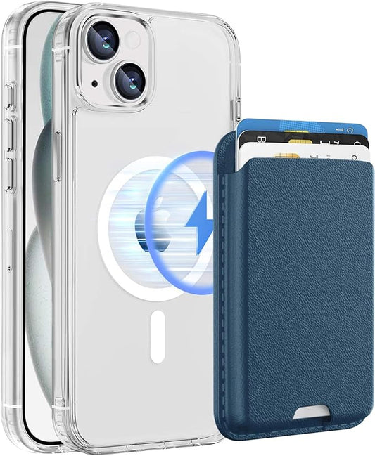 Ntwinro Magnetic for iPhone 15 Clear Case (Compatible with MagSafe) with Blue Detachable Wallet & Card Holder for 3 Cards [RFID Blocking] Military Grade Protective Slim Phone Cover