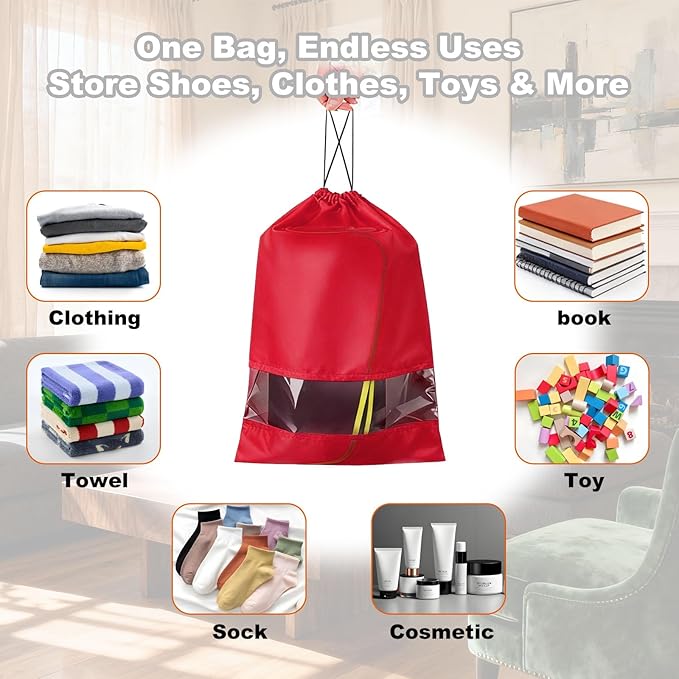 20 Pack Shoe Bags for Travel, 17" x 12.6" Drawstring Shoe Organizers with Clear Window, Breathable Non-Woven Dustproof Pouches for Luggage & Closet (Red)