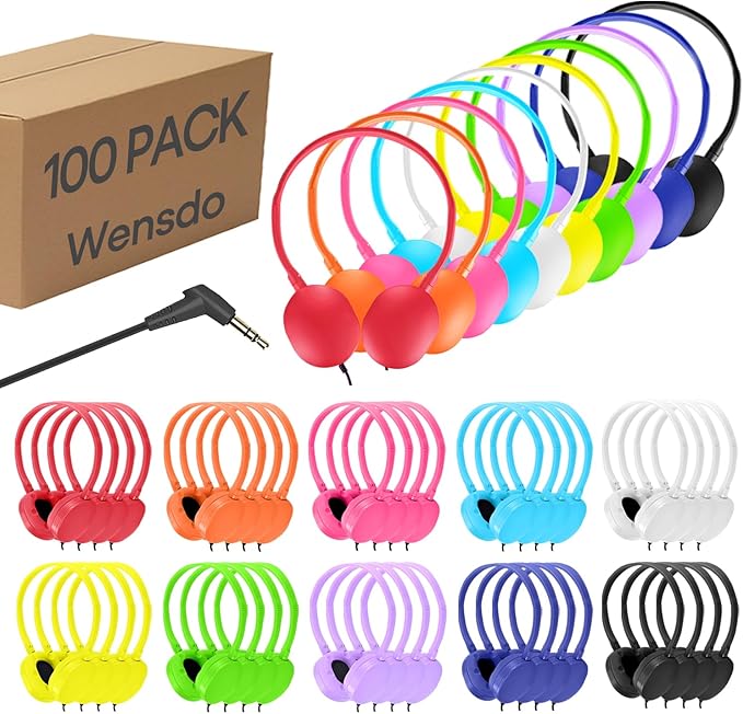 Bulk Headphones 100 Pack Multi Color for School Classroom Kids, Wholesale Class Set Durable Earphones for Students Children Toddler Teens Boys Girls and Adult (HY104,100 Mixed)