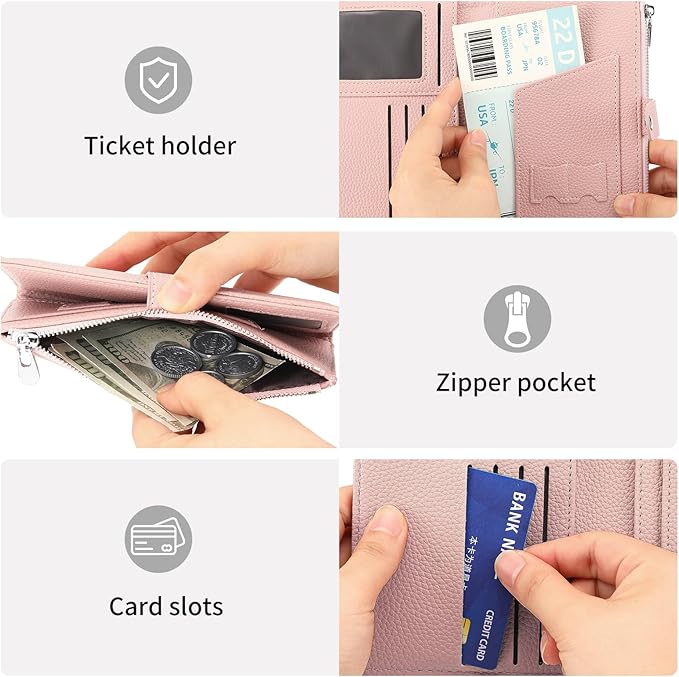 Passport Holder for Women Leather Passport Wallet for Travel RFID Blocking Passport Wallet Credit Card Holder with Zipper Pocket