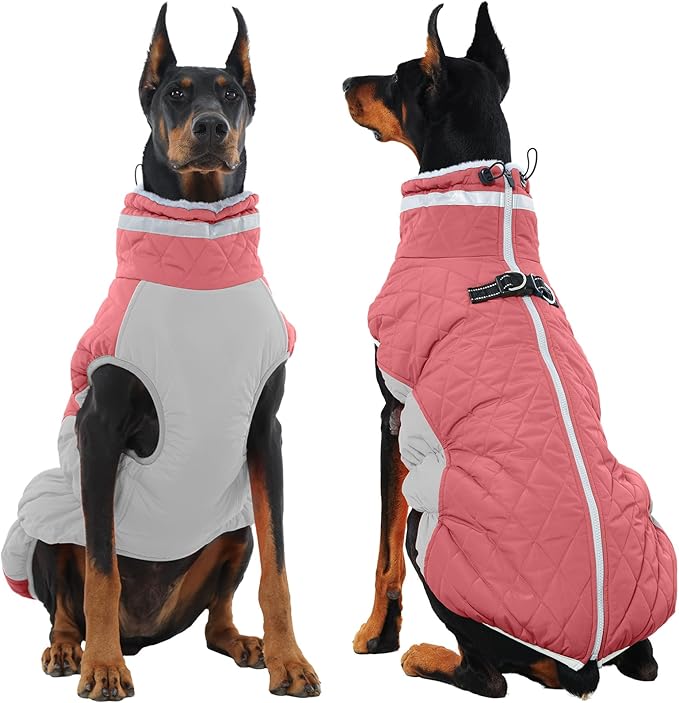 OUOBOB Dog Jackets for Large Dogs, Large Dog Winter Coat, Pet Cold Weather Coats, XXXL Pet Jacket with D-Ring, Waterproof Coat with Back Zipper,Snowsuit Labrador German Shepherd Doberman,Pink,XXXL