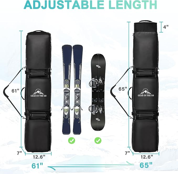 Ski Bag with Wheels, Extendable Snowboard Bag, Waterproof 900D Ski Bags for Air Travel, Padded Snowboard Bag with Backpack & Shoulder Strap